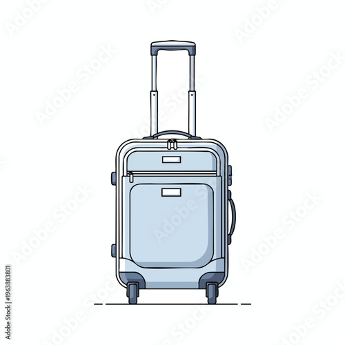 Light blue wheeled suitcase with telescopic handle, front pocket, and side handle