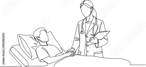 Professional female doctor visiting male patient in hospital bed for medical checkup and treatment hand drawn vector illustration