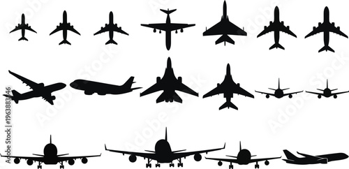 Collection of various airplane silhouettes in different views and sizes