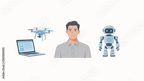 Man with drone laptop and robot