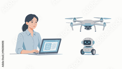Woman working with laptop drone and robot