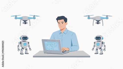 Man working with robots and drones