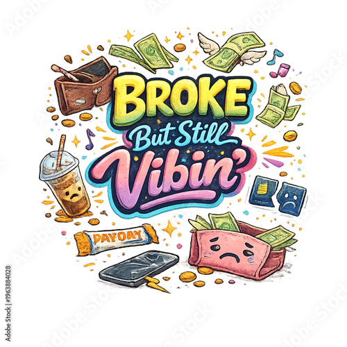 broke but still vibin lifestyle, broke but happy design, funny broke quote, budget lifestyle humor, still vibing slogan, carefree vibes aesthetic, funny money problems quote, young adult lifestyle hum