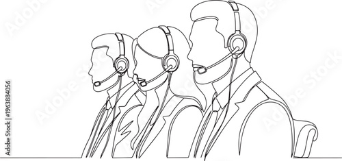 Continuous line art of professional call center agents wearing headsets providing customer support and telemarketing services hand drawn vector illustration