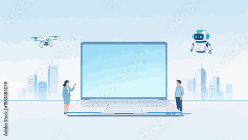 People with laptop drone and robot