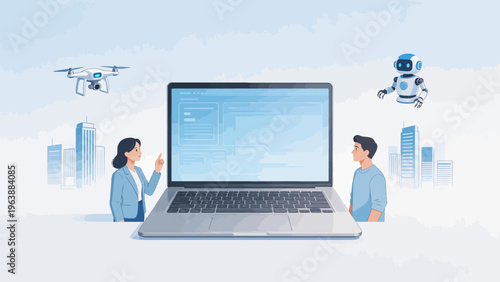 People with laptop drone and robot