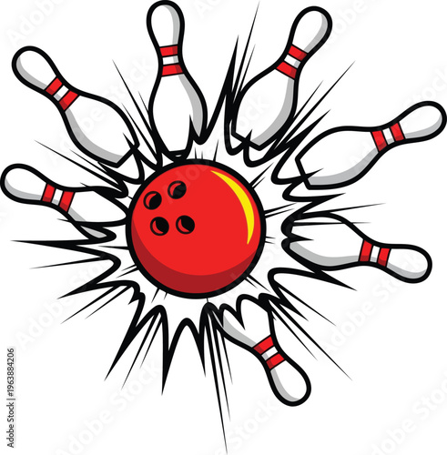 Red bowling ball hitting pins in a dynamic comic book style illustration on white background