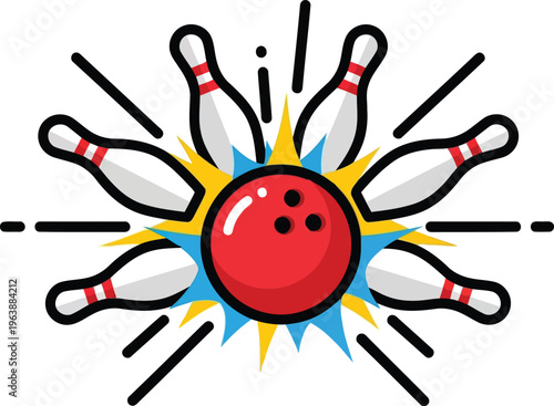 Red bowling ball striking white pins with a comic style explosion effect on white background