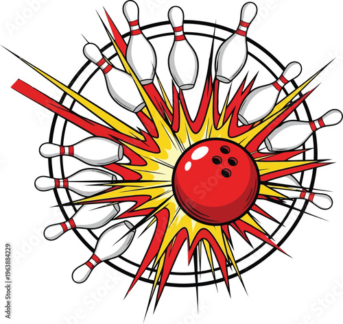 A cartoon illustration of a red bowling ball hitting white pins with a vibrant explosion effect