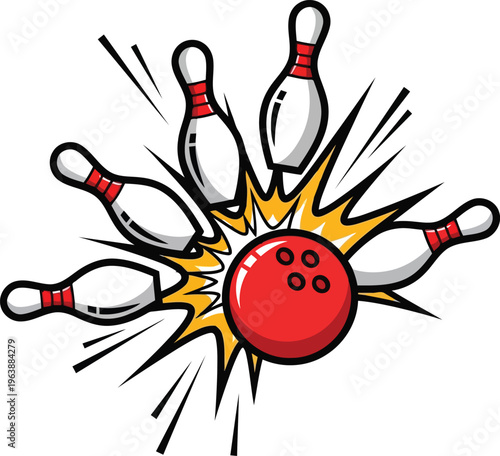 Red bowling ball hitting several white pins with a comic style explosion effect in the center.