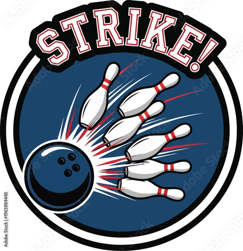 Bowling ball hitting pins and creating a strike in a circular vintage style emblem.