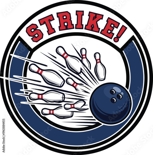 Bowling strike emblem with a dark blue ball hitting pins on a white background