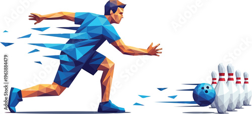 Dynamic low poly illustration of a male bowler throwing a ball at pins on white background