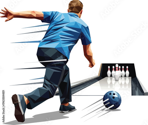 A man in a blue shirt is throwing a bowling ball down a lane in low poly style illustration