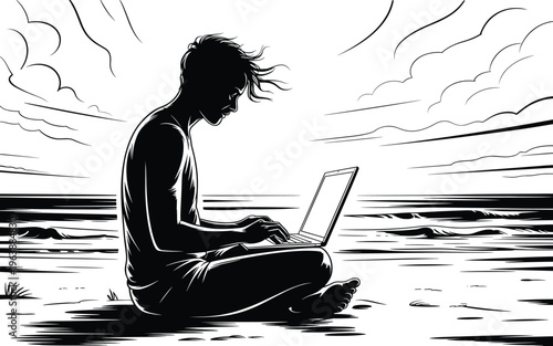 man, laptop, beach, sitting, computer, ocean, waves, clouds, black and white, silhouette, windy hair, crossed legs, shore, sand, digital nomad, remote work, Man sitting on beach with laptop computer