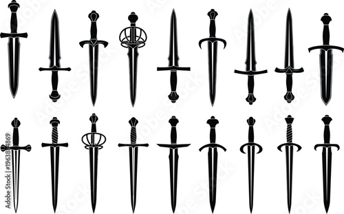 collection of medieval sword silhouettes isolated on white background, antique weapon set dagger blade knight armory black vector illustration