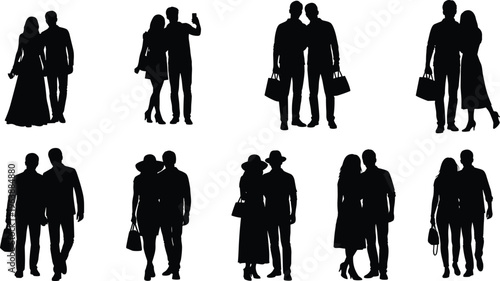 couple silhouettes collection walking standing together isolated on white background, romantic relationship love people shopping lifestyle vector illustration set