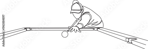 Continuous Line Billiards Player Aiming Cue Ball on Pool Table Minimalist Sports Theme Sketch Hand Drawn Vector Illustration