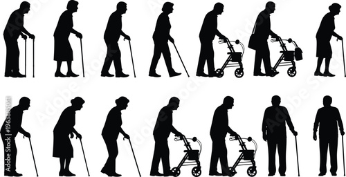 elderly walking silhouettes collection, seniors with cane and rollator, aging mobility concept, healthcare support, independence, daily life illustration set