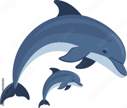 Dolphin Family Illustration Featuring Adult and Baby Marine Animals Ocean Wildlife Concept Flat Vector Isolated on White Background