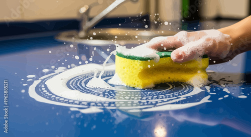 Person Cleaning Blue Kitchen Countertop with Yellow Sponge and Soap Suds