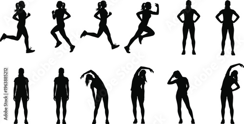 female fitness silhouettes set, running and stretching woman poses, athletic workout training concept, healthy lifestyle exercise, isolated vector illustration collection