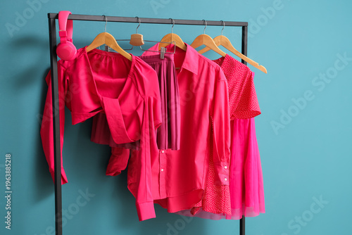 Rack with bright pink cloth...