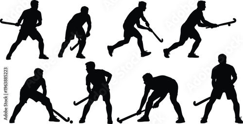 field hockey player silhouettes action poses isolated on white background, sports collection athlete running dribbling stick vector illustration set