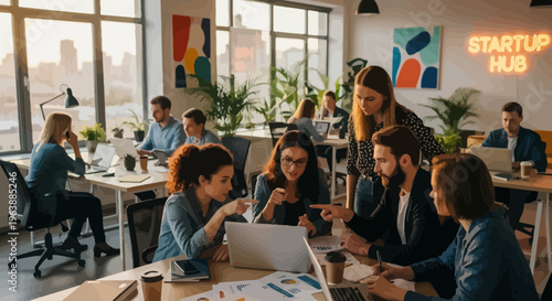 Diverse Professional Team Collaborating in Modern Startup Hub Office