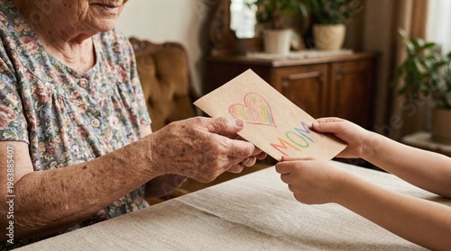young child hands a handmade card with colorful heart and mom text to an elderly woman sitting at a table in a cozy home interior expressing love care and intergenerational family connection