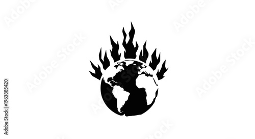 A black silhouette of the earth on fire, symbolizing global warming and climate change.