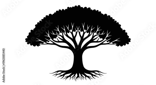 A simple black silhouette of a tree with visible roots against a white background.