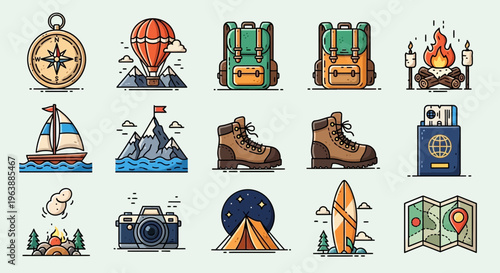 Set of Flat Vector Travel and Adventure Icons