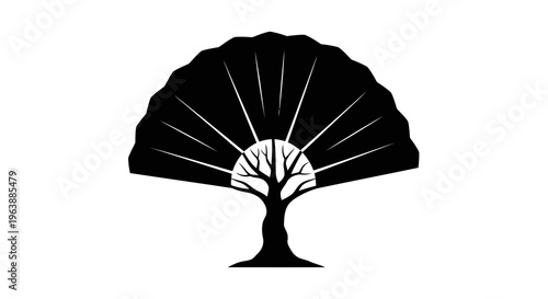 A black silhouette of a tree with a fan-shaped canopy and visible branches.