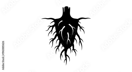A black silhouette of a human heart with tree roots replacing the blood vessels against a white background.