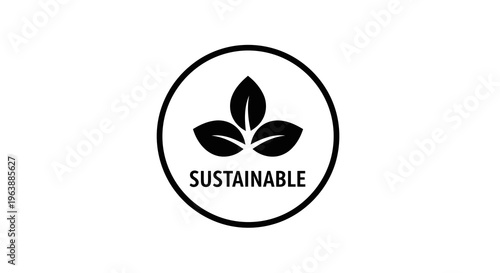 A simple black logo with a leaf design and the word sustainable inside a circle.