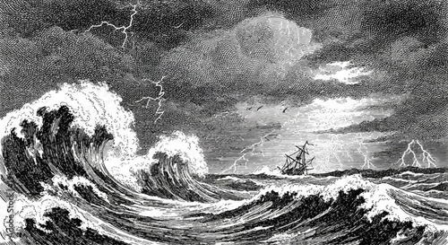 Vintage Woodcut Illustration of a Ship in a Stormy Sea
