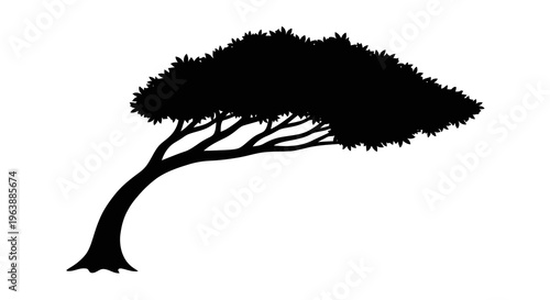 A black silhouette of a tree with branches on a white background