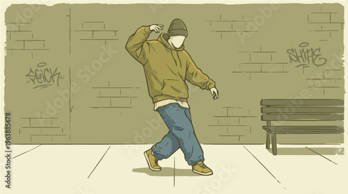 Vintage Urban Hip Hop Dancer Illustration with Street Graffiti Wall and Retro Aesthetic