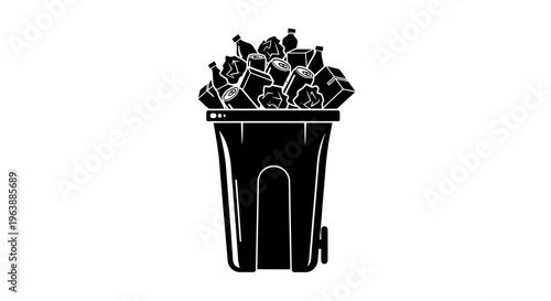 A black trash can overflowing with various types of waste and debris.