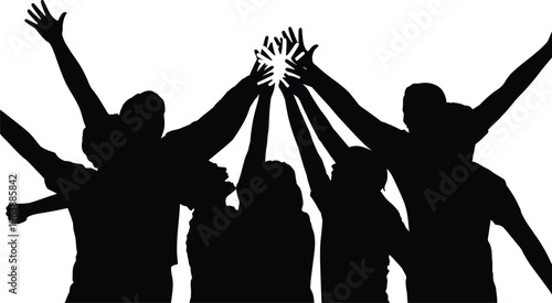 black silhouettes, people, hands stacked, white background, teamwork, unity, group, solidarity, cooperation, support, stacked hands, Black silhouettes of people stacking hands on white background