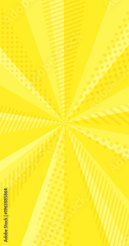お洒落な黄色の集中線背景。ドットとストライプの幾何学模様が重なるポップな光線。縦型スマホ用ベクター