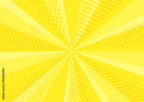 お洒落な黄色の集中線背景。ドットとストライプの幾何学模様が重なるポップな光線。広告用ベクター