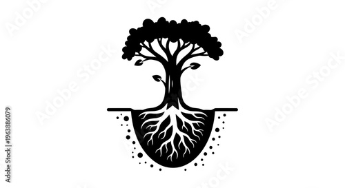 A black and white image of a tree with visible roots and leaves.