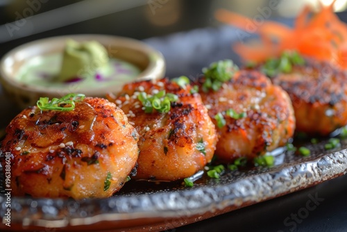 Grilled shrimp with sesame and herbs on plate with sauce. Food photography. Seafood dish concept. Design for menu, poster, banner. Macro shot