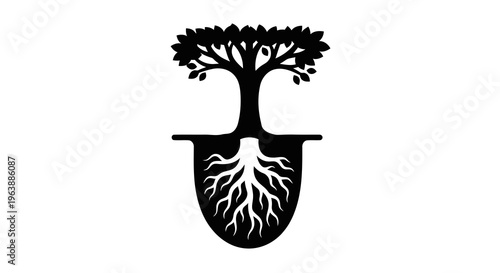 A simple black and white illustration of a tree with visible roots.