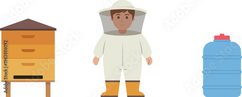 Beekeeper with protective suit, beehive box and honey container vector illustration, beekeeping equipment agriculture apiary isolated set