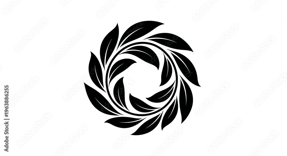 Fototapeta premium A black logo featuring a circular arrangement of leaves on a white background.