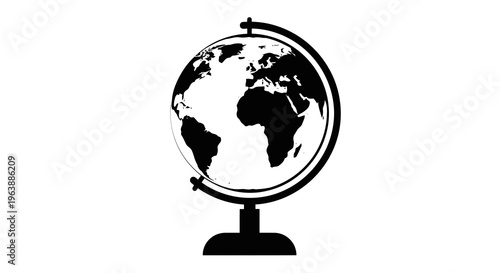 A black and white illustration of a globe on a stand, centered on africa and europe.