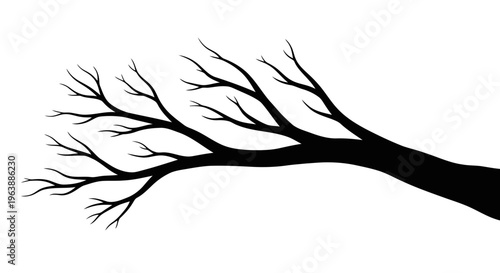 A black silhouette of a bare tree branch against a white background, creating a striking contrast.
